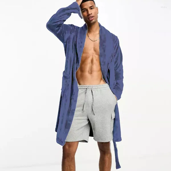 Erkek Ceketler Nightwear Erkekler Polar Hardigan Uzun Cüppeler Düz Renkli Gevşek Bağlantı Kemer Ceket Erkekler İçin Bahar Ev Giysimi Erkek Günlük Pijamalar