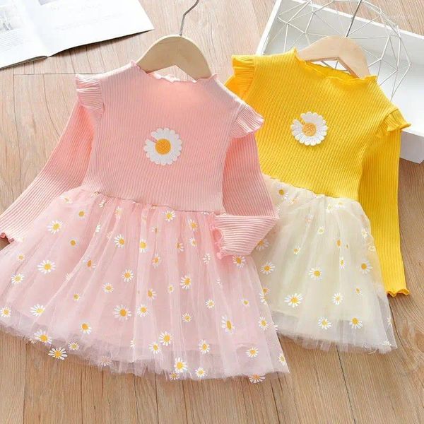 Abiti da ragazza Vestito da ragazza Piccola margherita fresca floreale Estate Festa di compleanno per bambini Maglia per bambini Casual Tulle Primavera Costume da principessa