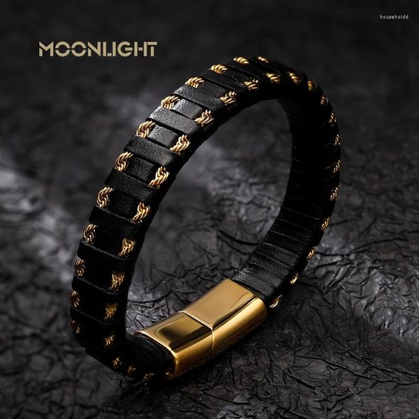 Charm-Armbänder Moonlight, klassischer Stil, goldener Edelstahl, geflochtenes Leder, Herrenarmband, Magnetschnalle, Armband, Geschenk, Schmuck, Großhandel