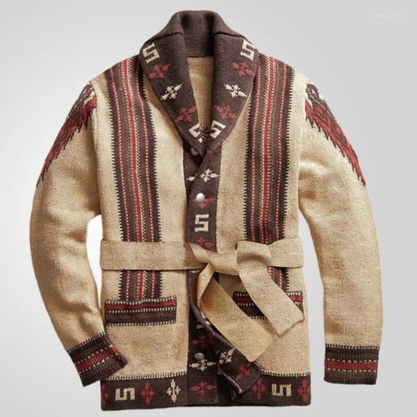 Suéter masculino vintage de manga comprida, casaco suéter grosso padrão étnico de malha cardigan inverno quente outwear para homens boho