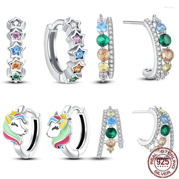 Brincos para mulheres, prata 925, moda colorida, estrela, zircônia cúbica, arco-íris, pônei, joias originais