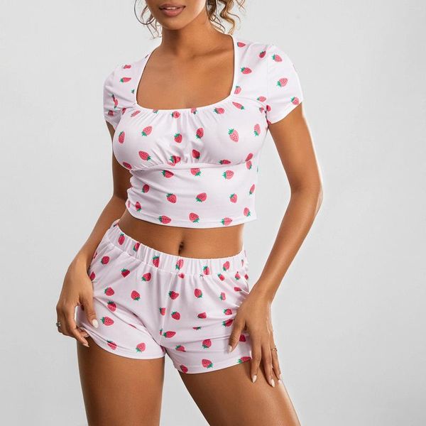 Damen-Nachtwäsche, Damen-Sommer-Lounge-Wear-Outifts, niedliche Kawaii-Erdbeer-Druck-Pyjama-Sets, kurzärmeliges T-Shirt mit quadratischem Ausschnitt und Shorts