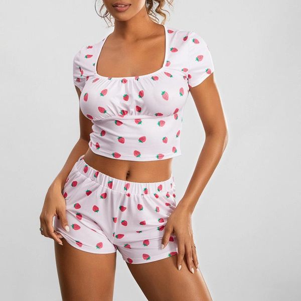 Mulheres sleepwear mulheres verão lounge wear outifts bonito kawaii morango impressão pijama conjuntos de manga curta pescoço quadrado camiseta e shorts