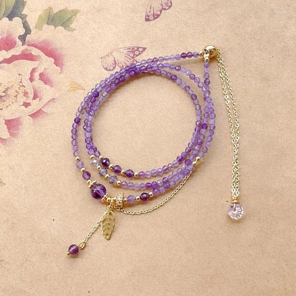 Charm-Armbänder, verstellbares natürliches Amethyst-Armband mit kleinen Perlen, luxuriöser geometrischer Schnitt, lila Kristallschmuck, elegante Handkette für