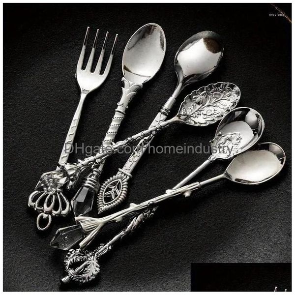 Geschirr Sets 6 stücke Vintage Löffel Gabel Royal Stil Gold Geschnitzt Kaffee Tee Löffel Obst Prikkers Dessert Besteck Set Küche werkzeug Dro Dhcry