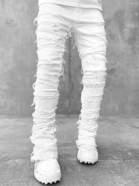 Calças de brim masculinas esticadas brancas empilhadas high street hip-pop calças para macho patchwork borla danificada calças jeans de comprimento total
