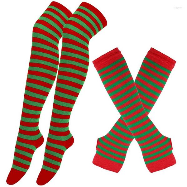 Frauen Socken 1 Set Mädchen Über Knie Lange Streifen Gedruckt Oberschenkel Hohe Arm Hülse Handschuhe Weihnachten Geschenke Cosplay Kostüm Overknee