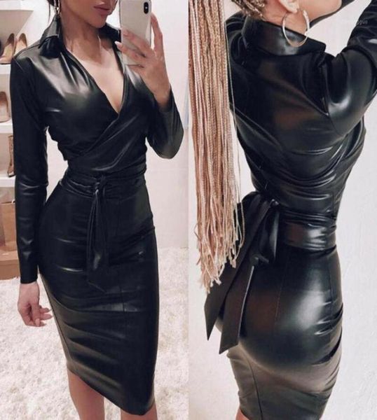 Lässige Kleider Sexy Langarm-Shirt Schwarzes Kleid Pu-Leder Weibliche Club-Party Kurzer V-Ausschnitt Schnürverband Latex Bodycon Midi14662450