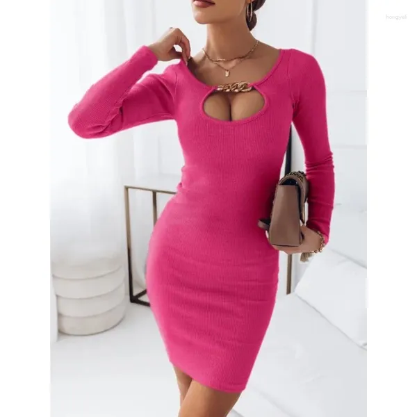 Casual Kleider Aushöhlen Langarm Elegante Frauen Kleid Mode Oansatz Einfarbig Schöne Slim Fit Frühling 2024 Party Vestidos