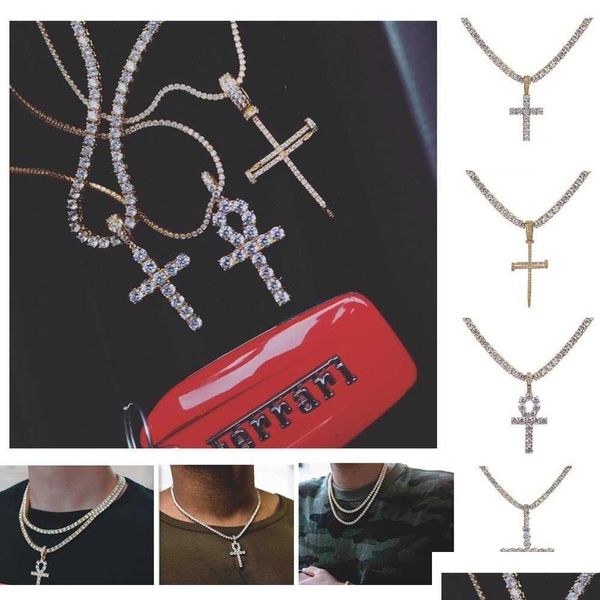 Anhänger Halsketten Hip Hop Iced Out Ankh Kreuz Anhänger Halskette 4mm Tennis Kette Micro Pave CZ Steine Gold Ketten für Männer Ilkux Drop De Dhyif