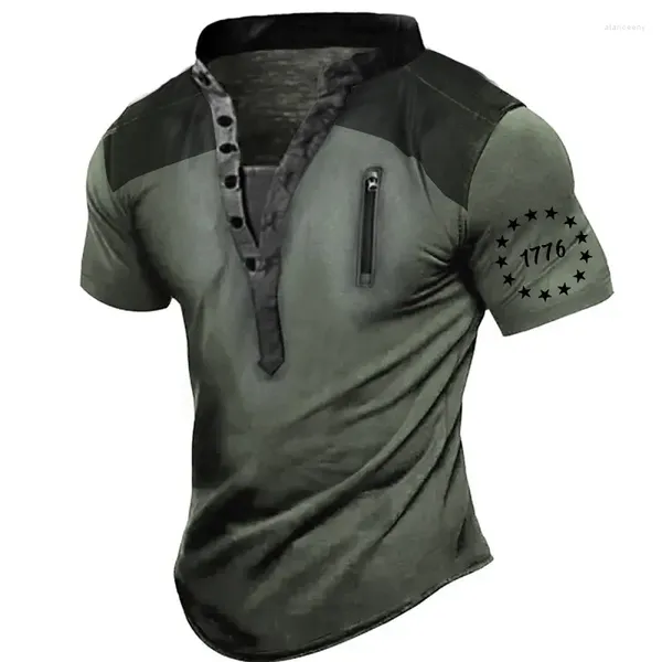 Мужские футболки, винтажная футболка, рубашка Генри, воротник-стойка, одежда с короткими рукавами, повседневный модный топ с 3D принтом