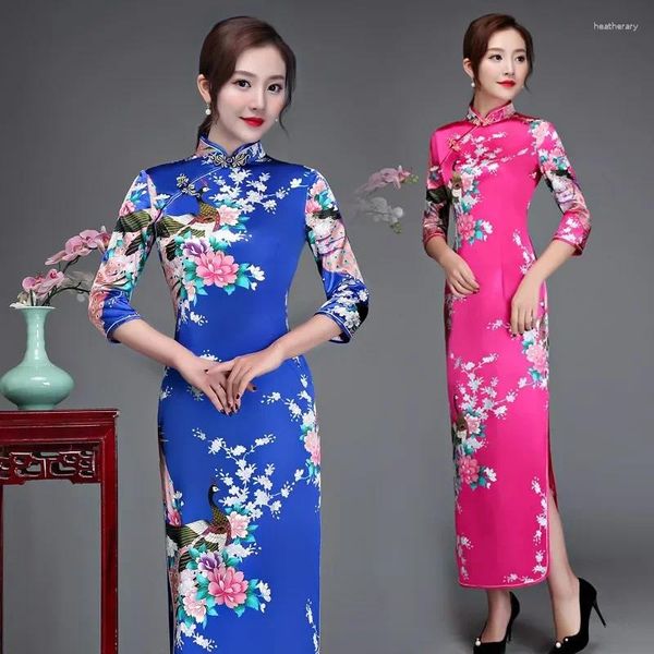 Roupas étnicas tamanho 6xl floral pavão chinês senhora cheongsam qipao impressão flor sexy vestido longo noiva casamento noite vestido de festa