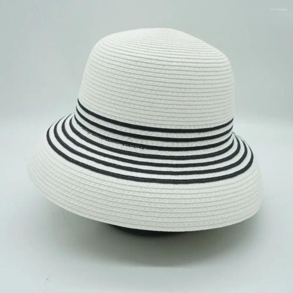 Chapéus de borda larga Mulheres Chapéu de verão branco Floppy Black Striped Straw Sun UV Protection Beach Cap