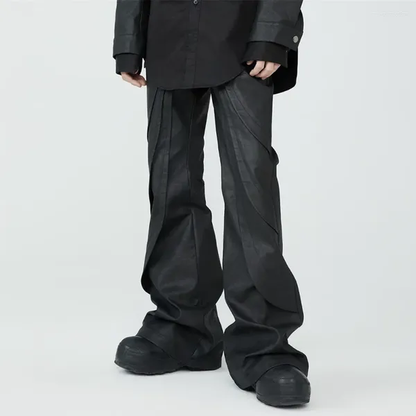 Jeans masculinos streetwear perna larga cera pu bota de couro corte preto cor baggy casual flared calças de carga reta oversized