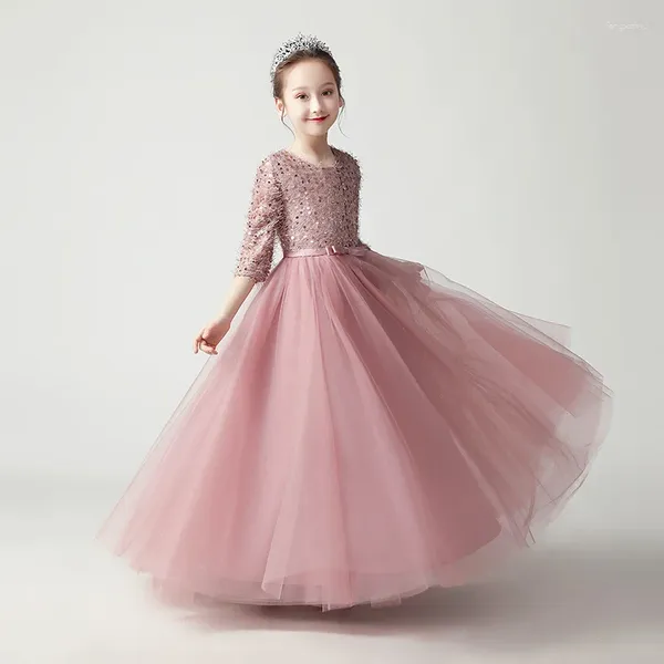 Kız Elbiseler Kızların Uzun Kollu Prenses Elbise Çiçek 2024 Çocuk Düğün Ev Sahibi Akşam Piyano Performansı