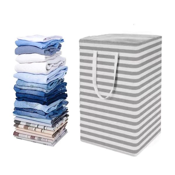 75l grande capacidade dobrável sacos de lavanderia à prova dwaterproof água engrossar algodão linho roupas sujas cesta listrado caixa armazenamento 240201