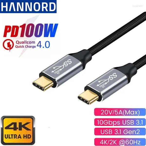 Hannord USB3.1 Gen2 10Gbps 5A USB-C TO TO TARA-C PD100W Hızlı Şarj Veri Kablosu 4K HD Mobil Dizüstü Bilgisayar İçin Video İletim