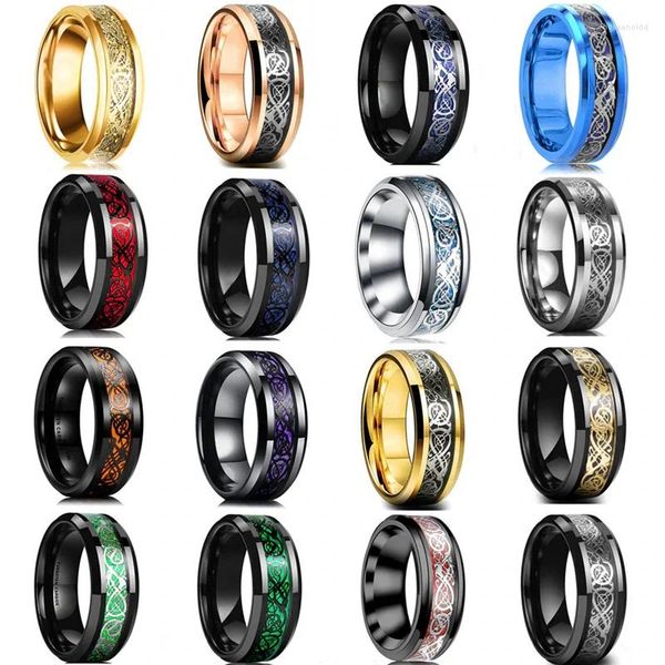 Anéis de cluster 16 cores moda 8mm titânio dragão celta para homens inlay colorido fibra de carbono banda de casamento de aço inoxidável