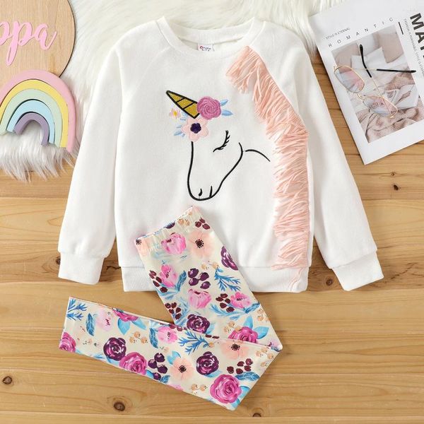 Kleidungssets PatPat 2-teiliges Set für Kinder, Mädchen, Tier-Einhorn-Druck, Quaste, Fleece-Sweatshirt und Blumen-Leggings