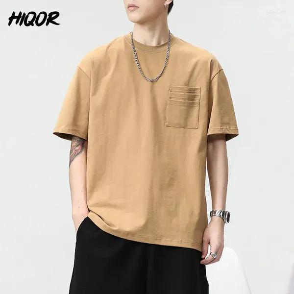 Homens camisetas HIQOR Verão Mens Drop-ombro T-shirt Homem Algodão Oversized Tops Camisa Sólida Listrado Bordado Bolso Solto Top