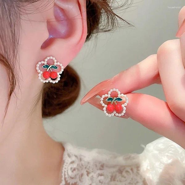 Ohrstecker Mode Rote Kirsche Perle Für Frauen Glänzender Kristall Zirkon Blume Tulpe Kaninchen Ohrring Weihnachten Charme Schmuck