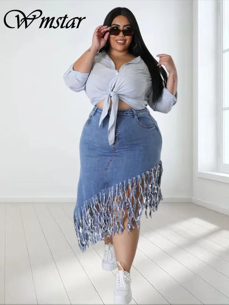 Wmstar plus size apenas saias roupas femininas denim maxi com borla sexy bodycon em roupas atacado gota 240126