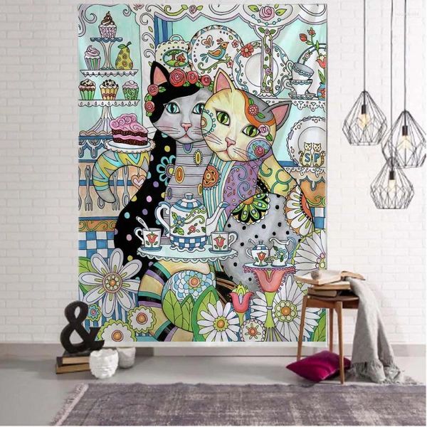 Arazzi Pittura Illustrazione di gatti Arazzo appeso a parete Simpatico arredamento per la casa Asciugamano da spiaggia Tappetino da yoga Coperta Tovaglia