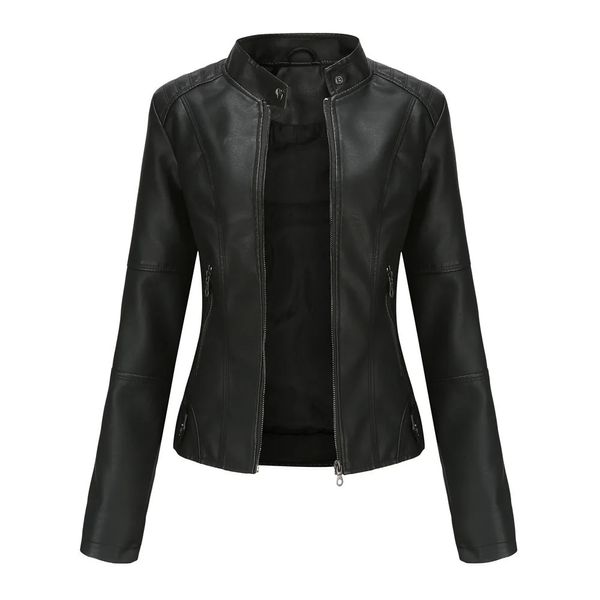 Jaqueta de couro falso feminina outono primavera moto motociclista jaqueta com zíper vermelho preto casaco outerwear marrom xs roxo marinho 240124