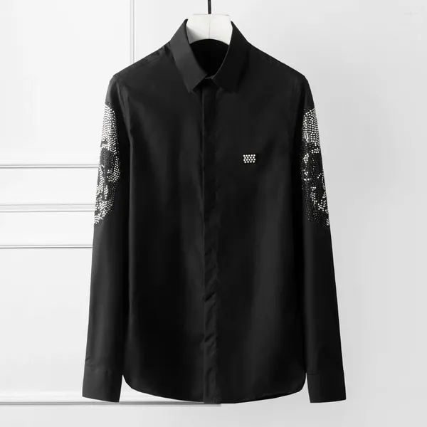 Erkek Elbise Gömlek Kafatası Rhinestones Erkekler Uzun Kollu Sıradan Gömlek İnce Fit Sosyal Parti Smokin Bluz Sokak Giysileri
