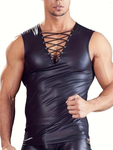 Bras define homens faux couro sexy tank top night club desempenho vestido matte t-shirt apertado fit traje