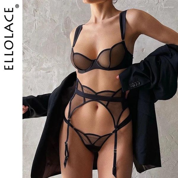 Conjuntos de sutiãs Ellolace Sexy Lingerie Seamless Mulheres Underwear Transparente Lace Bra Kit Push Up Set Mulher 3 Peças Ligas Exóticas