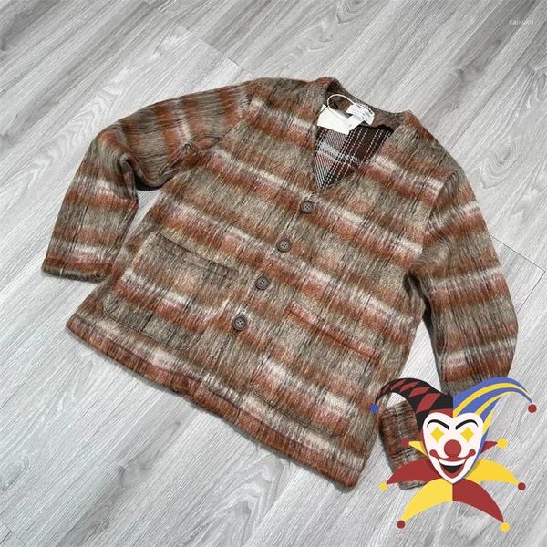 Suéteres masculinos marrom xadrez mohair cardigan suéter de lã homens mulheres oversize suéteres de malha dentro de tags