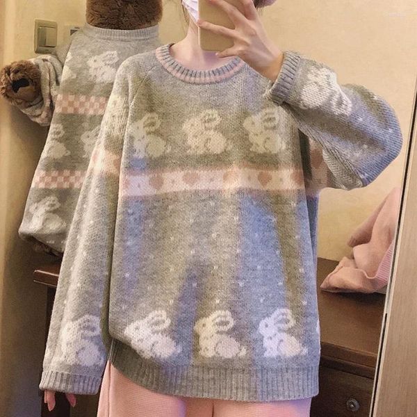 Suéteres femininos y2k design original jacquard para meninas japonês doce mulheres soltas pulôver bordado bordado jumper de inverno
