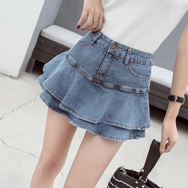 Röcke Vintage Denim Mini Frauen Plissee Hohe Taille Sexy Solide Jeans Weibliche Casual Retro Süße Nette Tasche Schlank