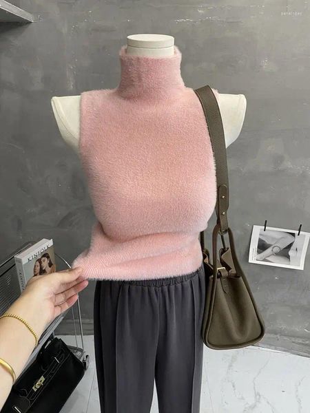 Kadın Tankları Yumuşak ve Mumsu Sıcak Saf Arzu Yüksek Boyun Örtüsü Yelek Kabarık İnce Slim Sleweless Sweater Base taban gömlek Üst