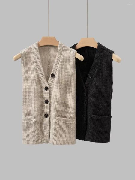 Coletes femininos 2024 outono/inverno cashmere fio de ouro malha cardigan sem mangas rendas com decote em v botão blusa casual para mulher