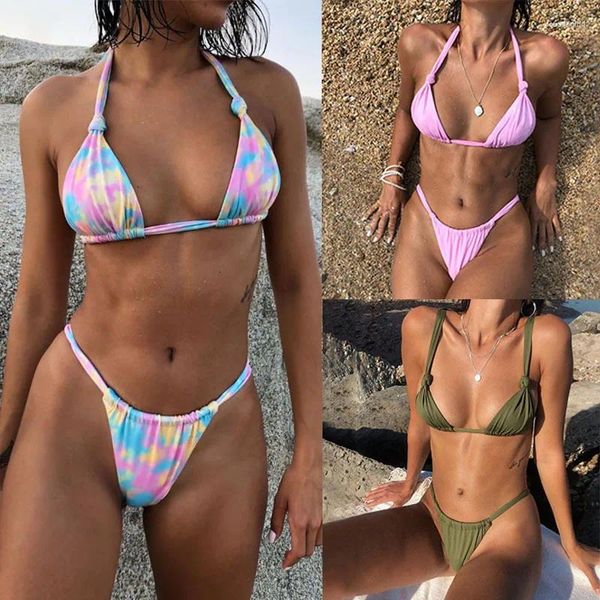 Kadın Mayo Seksi Üçgen Bikini Set String Patchwork Mayo 2024 Push Up Micro Thong