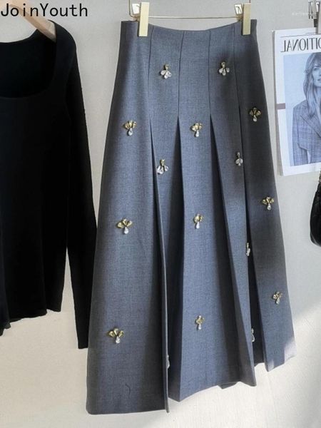 Röcke Für Frauen 2024 Faldas Mujer De Moda Hohe Taille A-line Jupe Schwere Diamant Temperament Rock Vintage Tunika Koreanische Saia