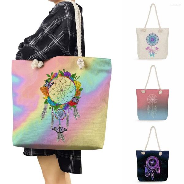 Sacos de noite Corda grossa Viagem Praia Tote Moda Mulheres Pena Bolsa de Ombro de Alta Qualidade Estilo Coreano Dream Catcher Tree Print Bolsas