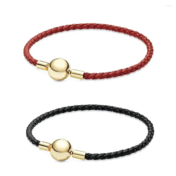 Link pulseiras 2024 925 prata esterlina momentos vermelho preto tecido pulseira de couro ajuste charme feminino moda original presente jóias