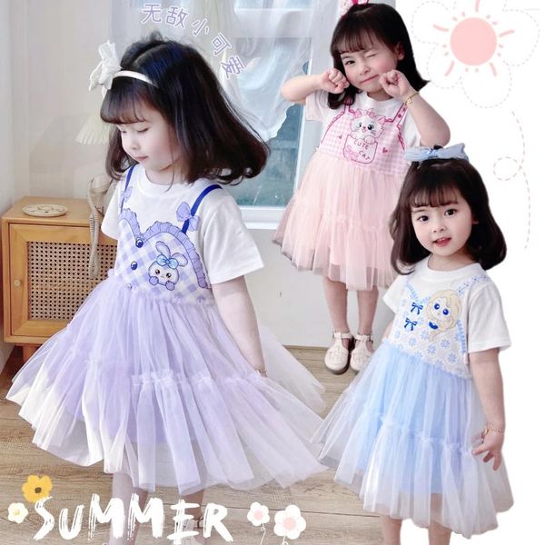 Kız elbiseler 2024 yaz sevimli pamuklu elbise küçük kolej tarzı örgü iplik stellalou prenses bebek karikatür küçük çocuk kıyafetleri