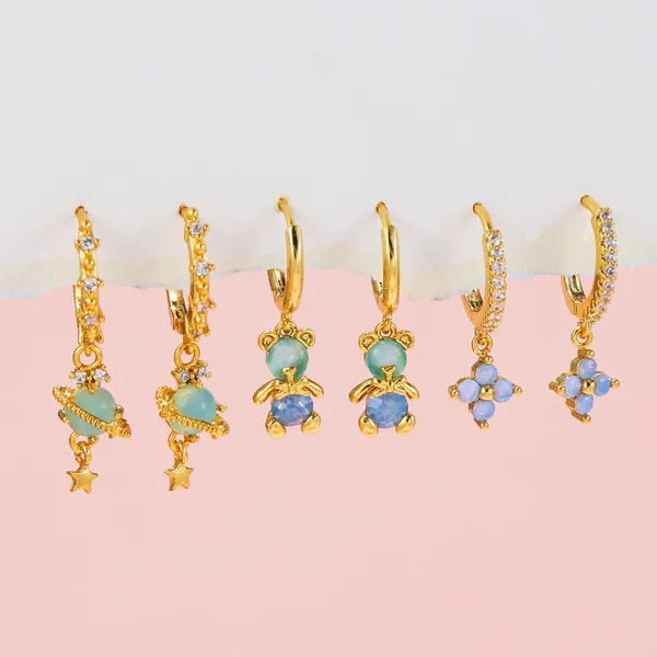 Baumeln Ohrringe Ins Nette Kupfer Vergoldet Bär Anzug Cartoon Blaue Blume Zirkon Stud Set Für Frauen Mädchen Mode Schmuck geschenk