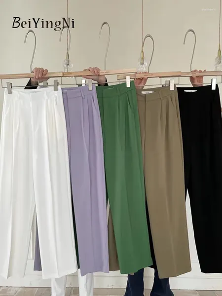 Calças femininas Beiyingni verão mulheres perna larga elegante plissado casual coreano solto baggy calça reta feminino preto verde terno calças