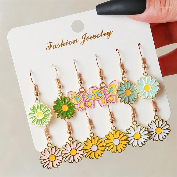 Baumelnde Ohrringe, koreanisches trendiges Gänseblümchen-Schmetterlings-Set für Frauen, süße Blume, Liebe, Herz, Blatt, Fischschwanz, Zirkon, Tropfenohrring, Brincos-Schmuck