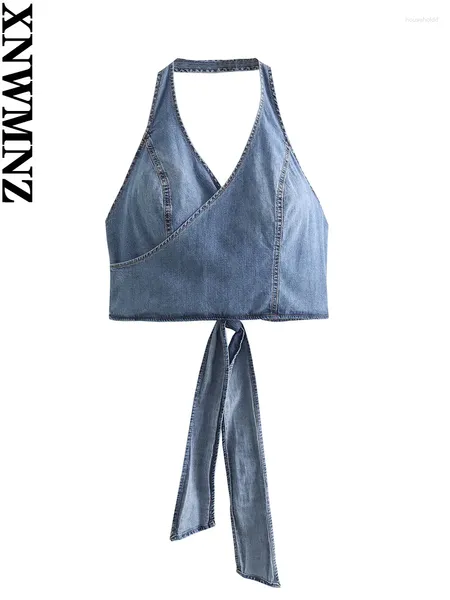 Tanques femininos xnwmnz moda 2024 denim surplice topo férias estilo halter pescoço aberto volta gravata feminina