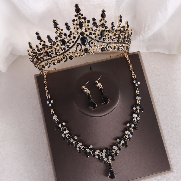 DIEZI Corona di strass neri vintage barocchi per le donne Abito da sposa Diademi di cristallo da sposa Collana Orecchini Set di gioielli 240202