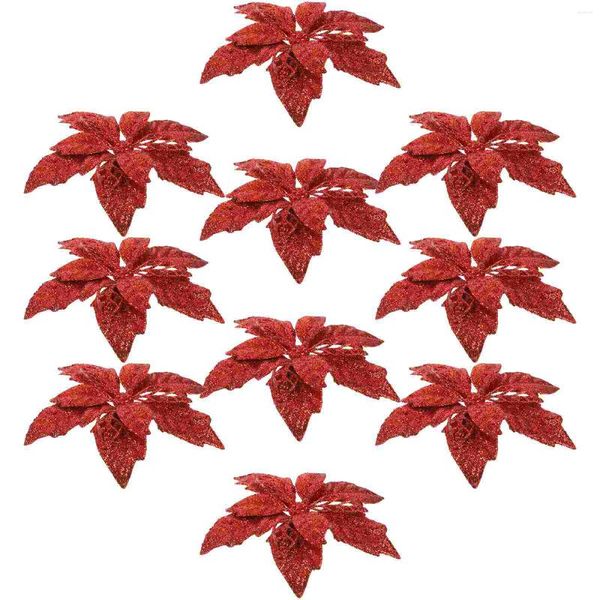 Flores decorativas 10 peças decoração de árvore de natal pó de ouro ornamento artificial falso poinsétia decorações de natal