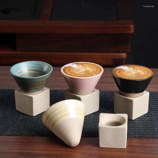 Potes de café 100ml criativo retro cerâmica copo cônico chá japonês áspero cerâmica caneca latte puxar flor porcelana