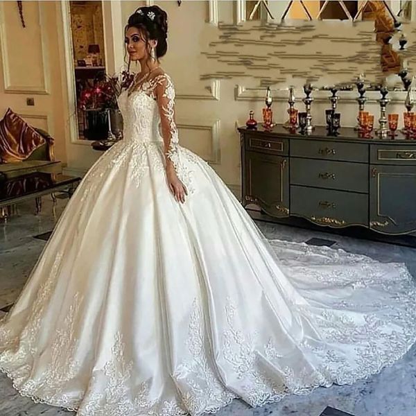 Vestidos de casamento branco marfim vestidos de noiva formal uma linha applique zíper personalizado rendas até plus size novo andar de comprimento manga longa frisado com decote em v ilusão de cetim