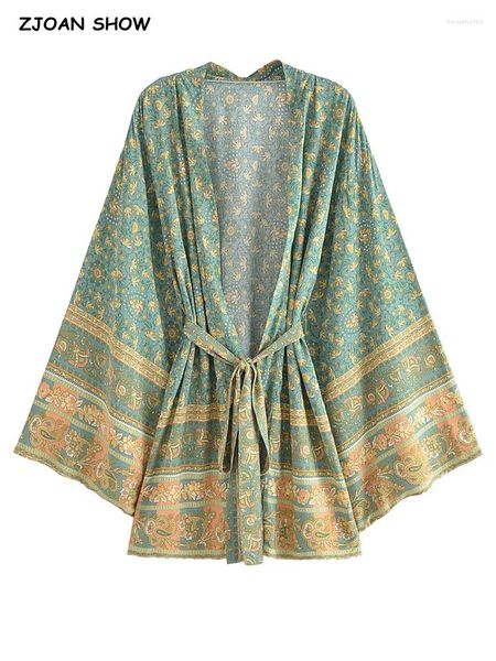 Damenbadebekleidung 2024 BOHO Frauen V-Ausschnitt Blumendruck Kimono-Shirt Urlaub Flut Schleife Schärpen Mittellange Strickjacke Sommerbluse Baumwolle Strandumhang